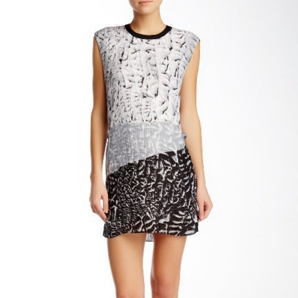 Helmut Lang Annex Mini Silk Dress Asymmetric Printed Sleeveless Black Silvr sz 4